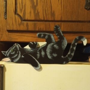 Black & White Cat Shelf Sitter Decor w/ Green Eyes & Pink Nose